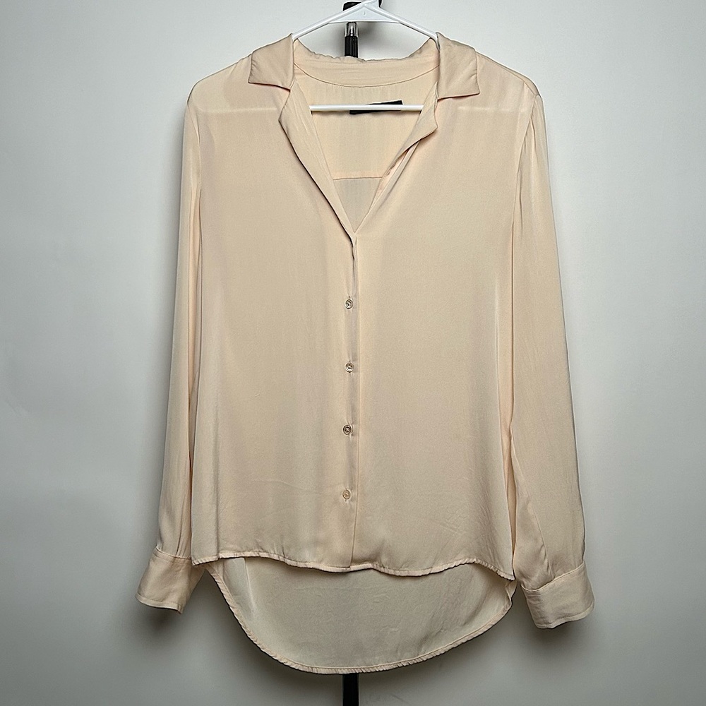 Quince women’s “Washable Stretch Silk Notch Collar Blouse”, color pink, size S